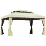 Outsunny Pérgola de Jardim 4x3m Pérgola de Alumínio com  Teto com Ventilação 4 Cortinas Laterais 4 Telas Mosquiteiras e 8 Orifícios de Drenagem para festas Eventos Exterior Creme