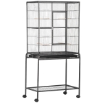 PawHut Gaiola para Pássaros com Rodas 81x48x162,5 cm com Bandeja 4 Poleiros 4 Comedouros e Prateleira Preto e Cinza