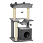 PawHut Arranhador para Gatos de 3 Níveis com Caverna Rede Plataforma Bolas Suspensas e Poste de Sisal 48x48x90 cm Cinza