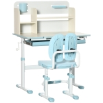 HOMCOM Conjunto de Secretária e Cadeira para Crianças com Altura Ajustável Gaveta Prateleiras e Bancada Inclinável 80x52x88-109 cm Azul e Branco