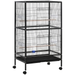 PawHut Gaiola para Pássaros com 4 Rodas Gaiola para Pássaros Metálica com Múltiplas Portas 4 Comedouros Bebedouro 2 Poleiros e Bandeja para Louros Canários Periquitos 79x52x137cm Preto