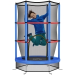 HOMCOM Saltea Elastică pentru Copii 3-6 Ani cu Plasă de Protecție, 6 Stâlpi și 3 Intrări, Ø140x190 cm, Albastru