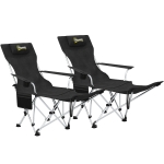 Outsunny Conjunto de 2 Sillas Plegables Camping con Reposapiés Desmontable Reposacabezas Portavasos y Bolsa 82x50/100x88 cm Negro