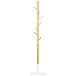 HOMCOM Cuier tip copac cu 8 cârlige și bază rotundă din bambus, lemn și metal, Ø37.8x175.6 cm, culoare lemn și alb