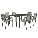 Outsunny Set da Giardino 7 Pezzi in Acciaio con Tavolo Rettangolare e 6 Sedie Impilabili Traspiranti, Grigio e Nero