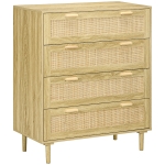 HOMCOM Comodă cu 4 Sertare, Stil Boho, din Lemn și Ratan, 90x45x108,5cm, Stejar