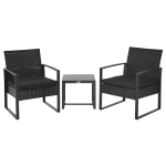 Outsunny Conjunto de Jardim de Vime 3 Peças 1 Mesa 42,5x40x39 cm 2 Poltronas 63x57x76 cm Almofada Acolchoada para Pátio Varanda Preto
