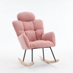 Upholstered Tufted Teddy Fabric Rocking Chair with Headrest and Backrest, Wooden Frame, Painted Metal Base, 102L x 70W x 105H cm, Pink