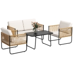 Outsunny Set Mobilier de Grădină din 4 Piese cu Canapea, 2 Fotolii și Măsuță, 110x61x63 cm, Alb Crem