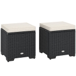 Outsunny Set of 2 Rattan Storage Ottoman, Outdoor Footstool with Removable Cushions, Garden Storage Seat for Balcony, Porch, Living Room, Cream