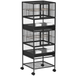 PawHut Gaiola para Pássaros de 2 Níveis com Rodas Painéis Acrílicos Comedouros Prateleira Bandejas Amovíveis  48x46x134,5 cm Preto