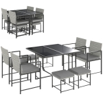 Outsunny Conjunto de Móveis de Jardim de Vime de 9 Peças com Mesa com Vidro Temperado 4 Cadeiras 4 Bancos Cinzento