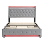 4ft6 Upholstered Double Bed with 4 Storage Drawers, Velvet Headboard, LED Light Strips, Charging Socket, 206L x 143W x 115H cm, Grey