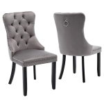 Set of 2 Velvet Dining Chairs with Knocker Ring, Button Tufted Backrest, Upholstered Chairs with Rubber Wood Legs, 50L x 64W x 96H cm, Grey