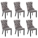 Set of 6 Velvet Dining Chairs with Button Tufted Backrest, Solid Wood Legs, Foot Pads, Wingback Design, 50L x 64W x 96H cm, Grey