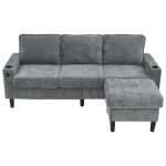 L-Shaped Corner Sofa with USB Charging Ports, Cup Holders, Ergonomic 3-Seater Sectional Couch for Apartment, 202L x 137W x 80H cm, Grey