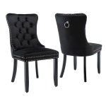 Set of 2 Velvet Dining Chairs with Button Tufted Backrest, Solid Rubber Wood Legs, Foot Pads, Wingback Design, 50L x 64W x 96H cm, Black