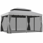 Outsunny 3 x 4m Aluminium Garden Gazebo, Marquee Canopy Shelter Pavilion Party Tent with Nets and Curtains for Garden and Deck, Light Grey