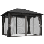 Outsunny 3 x 4m Hardtop Gazebo with Galvanised Steel Roof and Water Gutter, Waterproof Permanent Pavilion Garden Gazebo with Netting and Curtains for Patio, Deck