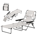 Outsunny Chaise longue de jardin pliante dossier réglable sur 4 niveaux, trou de lecture et appui-tête 72 x 194 x 89 cm crème