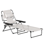 Outsunny Tumbona de Jardín Plegable con Respaldo Ajustable en 4 Niveles Orificio de Lectura y Reposacabezas 194x72x31 cm Crema