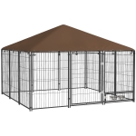 PawHut Parque para Cães com Toldo Canil para Exterior com Suporte Giratório para Comida 2 Tigelas 211x211x151 cm Preto Marrom