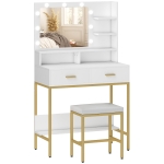 HOMCOM Tocador de Maquillaje con Luz y Taburete Mesa de Maquillaje con 2 Cajones y Estantes de Almacenamiento Blanco