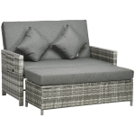 Outsunny Rattan Garden Daybed, Assembled Double Sun Lounger with 5-Level Adjustable Back, Storage Ottoman, Cushions, Pillows and Retractable Trays, Outdoor Loveseat Sofa Bed for Patio, Mixed Grey