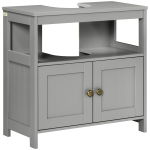 kleankin Pedestal Under Sink Cabinet with Double Doors, Modern Bathroom Vanity Storage Unit with Shelves, Light Grey