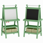 AIYAPLAY 3 in 1 Kids Easel Double-Sided Magnetic Whiteboard and Chalkboard with Paper Roll, Storage Baskets - Green