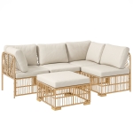 Outsunny 5-delige Tuinmeubelset, 2 Hoekstoelen, 2 Middelstoelen, Voetenbank, Zitkussens, Rugkussens, Lichtbruin+Cremewit