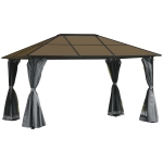 Outsunny Tonnelle pavillon de jardin avec toit rigide polycarbonate imperméable 4 parois latérales anti-UV moustiquaires 4 x 3 m gris foncé et noir