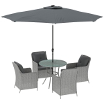 Outsunny 4 Seater Rattan Dining Set with Parasol & Cushions - Light Grey