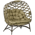 Outsunny 2 Seater Egg Chair Outdoor, Folding Weave Garden Furniture Chair with Cushion, Cup Pockets - Khaki