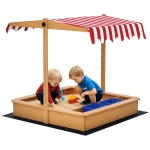 Outsunny Sabbiera per Bambini in Legno con Tettuccio Regolabile, Sedute e Vaschette, 107.5x107.5x100 cm