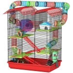 PawHut Cage pour hamster souris petit animaux rongeur avec tunnel mangeoire roue jouet 47 x 30 x 59 cm rouge