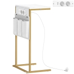 HOMCOM Măsuță de Cafea în Formă de C cu Efect de Marmură, cu Prize și Porturi USB Integrate, Alb