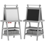 AIYAPLAY Tableau chevalet enfant 3 en 1 avec tableau blanc magnétique, tableau à craie, rouleau papier, 2 paniers, 3-6 ans, gris