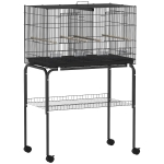PawHut Jaula para Pájaros con Divisor Comederos Bandeja Extraíble y Soporte para Canarios y Periquitos 76x46x46/116 cm Negro