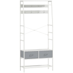 HOMCOM Móvel Cabide de Entrada com Banco Sapateira 8 Ganchos 2 Gavetas de Tecido Barra Prateleira 80x30x180,5 cm Branco e Cinza