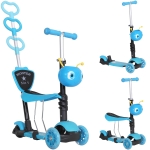 HOMCOM 5-in-1 Kids Toddler 3 Wheels Mini Kick Scooter Push Walker with Removable Seat & Back Rest for Girls and Boys Blue