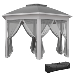 Outsunny 3 x 4m Garden Gazebo Hexagon Pop Up Gazebo Party Tent Canopy Double Roof Instant Shelter with Netting and Carry Bag for Outdoor Patio, Dark Grey