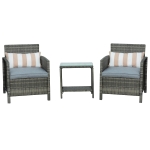 Outsunny 3 Pieces Rattan Bistro Set, Wicker Garden Furniture Set, Glass Top 2-tier Coffee Table and Chairs Set with Pillows and Washable Cushions for Outdoor, Patio, Balcony, Grey