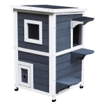 PawHut Caseta para Gatos de Madera Exterior Casa para Gatos de 2 Pisos con Techo Abrible Ventanas y 2 Plataformas para Terraza Balcón Jardín 51x51x81,3 cm Gris