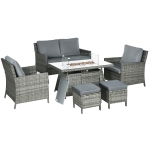 Outsunny 6 Seater Rattan Garden Furniture Set, Gas Fire Pit Table, Wicker Loveseat, 2 Armchairs and 2 Footstools, 6 Piece Patio Rattan furniture Sofa Sets with Cushions for Conservatory, Grey