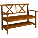 Outsunny Bancă din Lemn, Bancă cu 2 Locuri de Exterior cu Raft de Depozitare, Spătar, Cotiere și Scaun, 125x58x88 cm, Carbonizat