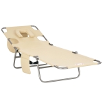 Outsunny Foldable Sun Lounger, Beach Chaise Lounge with Reading Hole, Arm Slots, 5-Position Adjustable Backrest, Side Pocket, Pillow for Garden, Beach, Camping, Beige