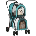 PawHut Cochecito Doble para Perros Gatos Plegable con 2 Transportines Extraíbles con Cinturón y Cojines 79x53x98cm Verde y Gris