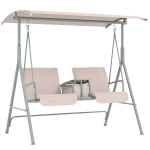 Outsunny 2 Seater Garden Swing Chair Patio Rocking Bench w/ Tilting Canopy, Double Padded Seats, Storage Bag and Tray, Beige