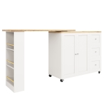 360° Swivelling Dining Table with Castors, Multifunctional Storage Island with Three Drawers, Snack Rack, 209L x 39W x 104H cm, White